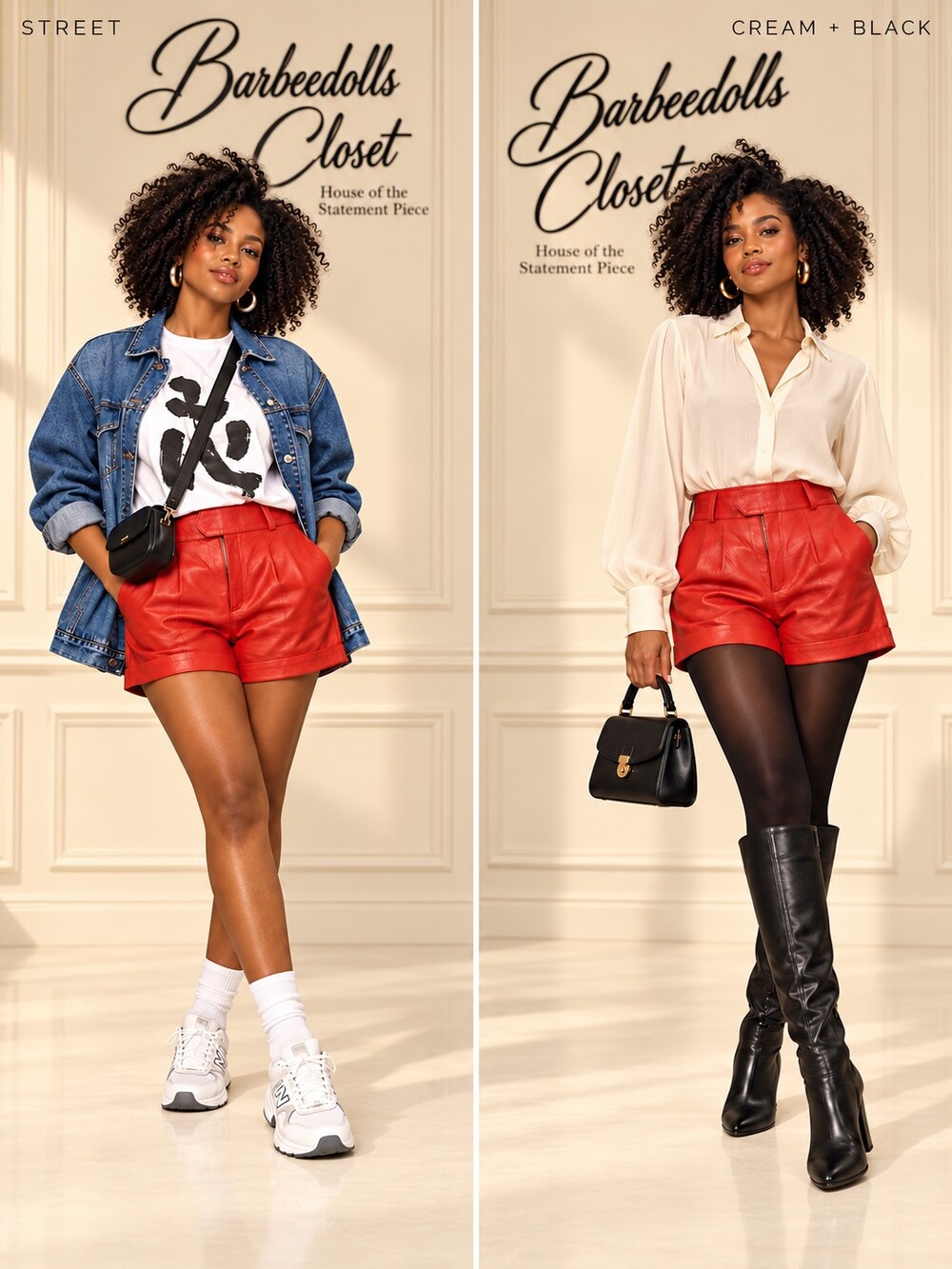 Live 1001 | Red Genuine Leather Shorts High Waist Pleated Front Medium